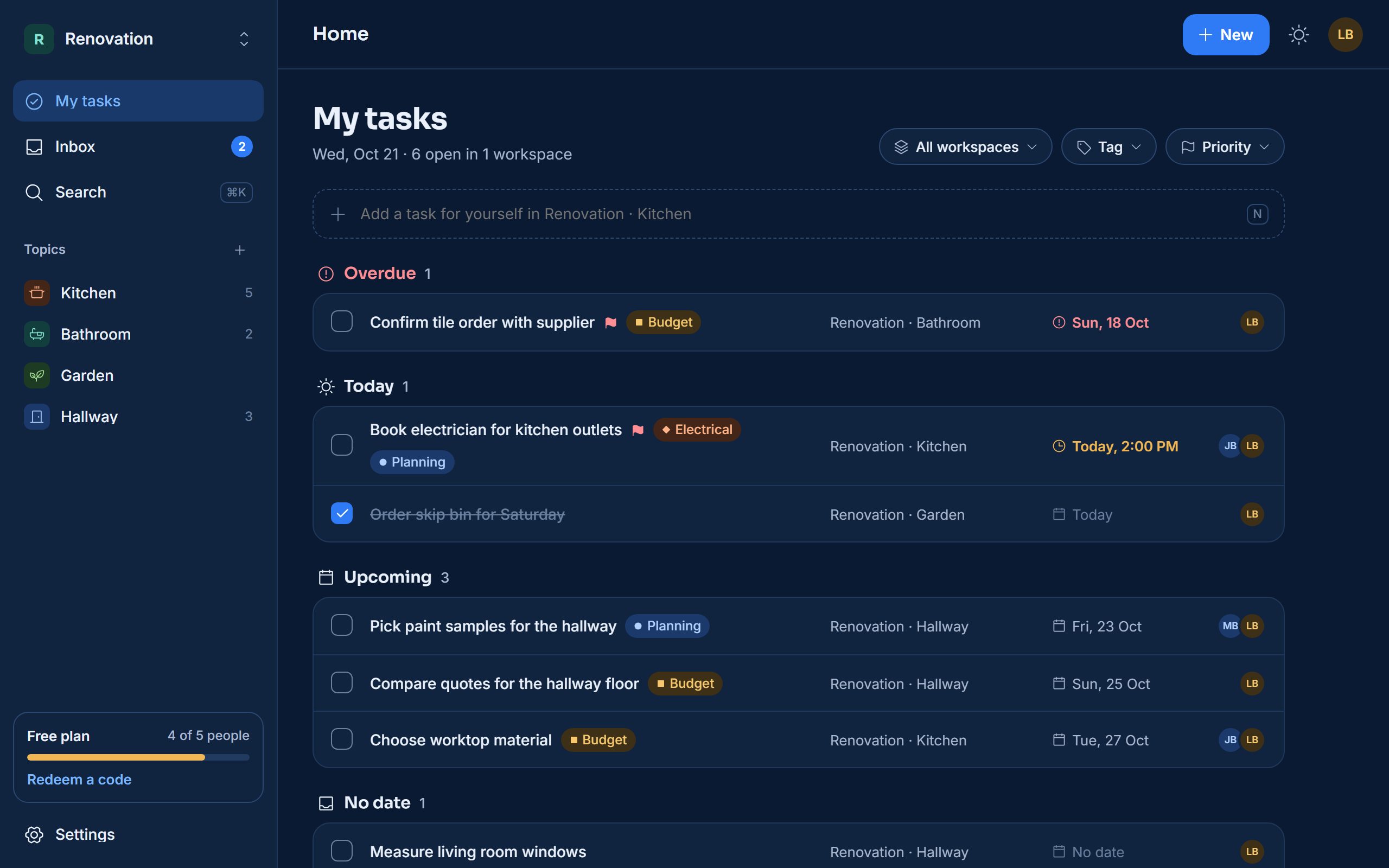 Nestly web app showing My tasks grouped by Today and Upcoming