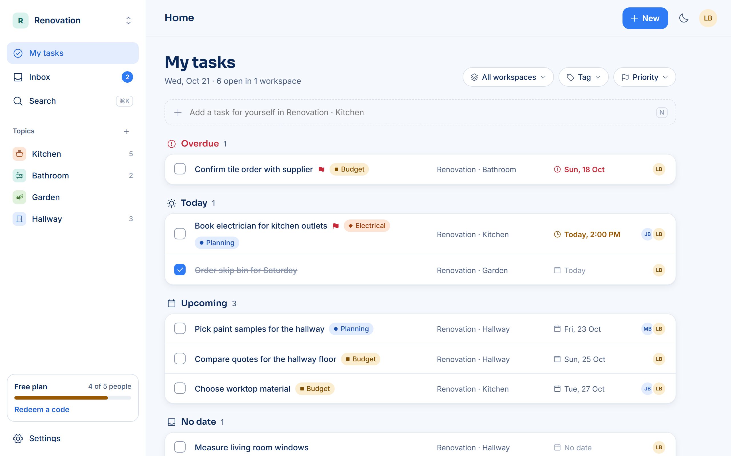 Nestly web app showing My tasks grouped by Today and Upcoming
