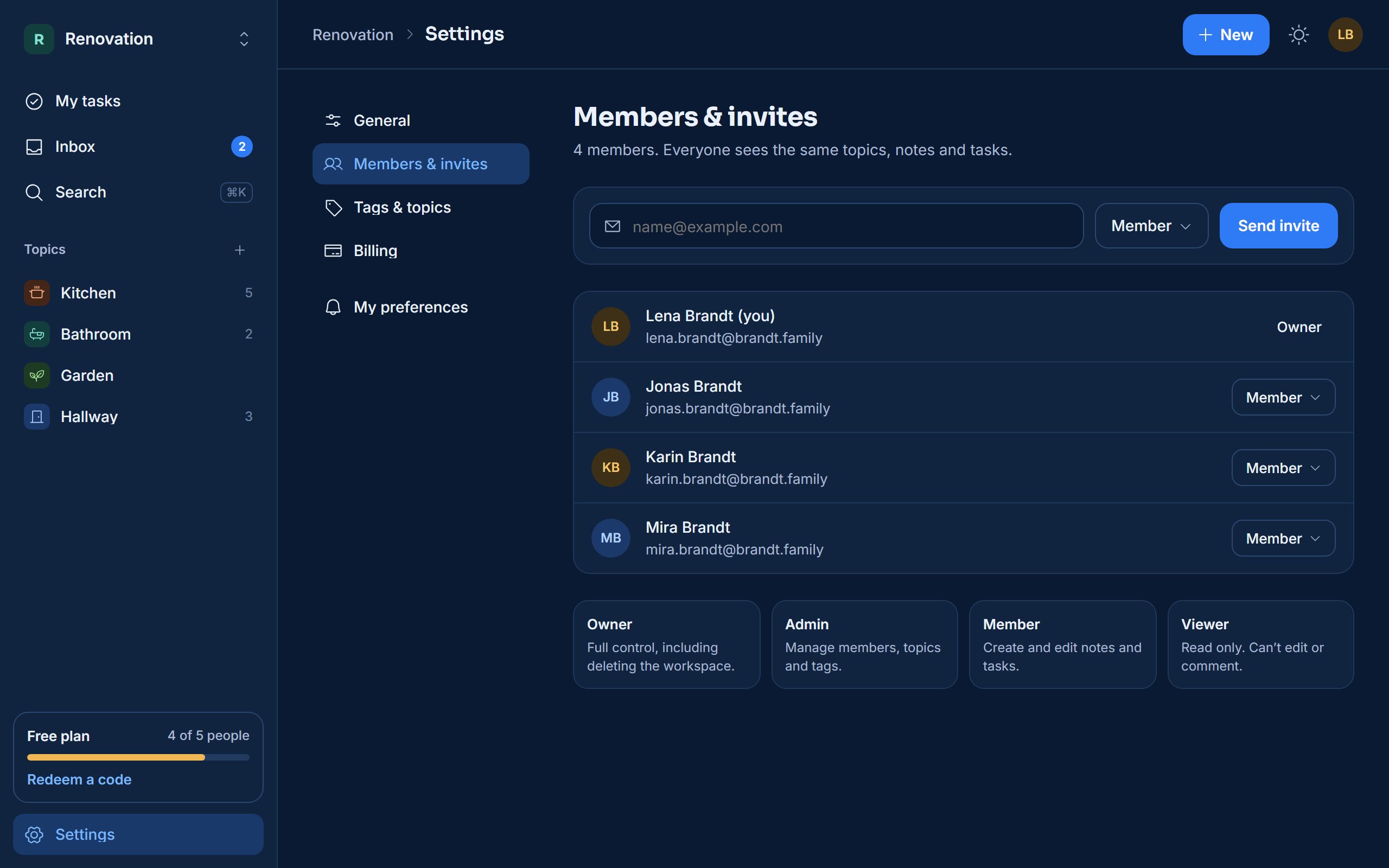 Members and invites settings with roles