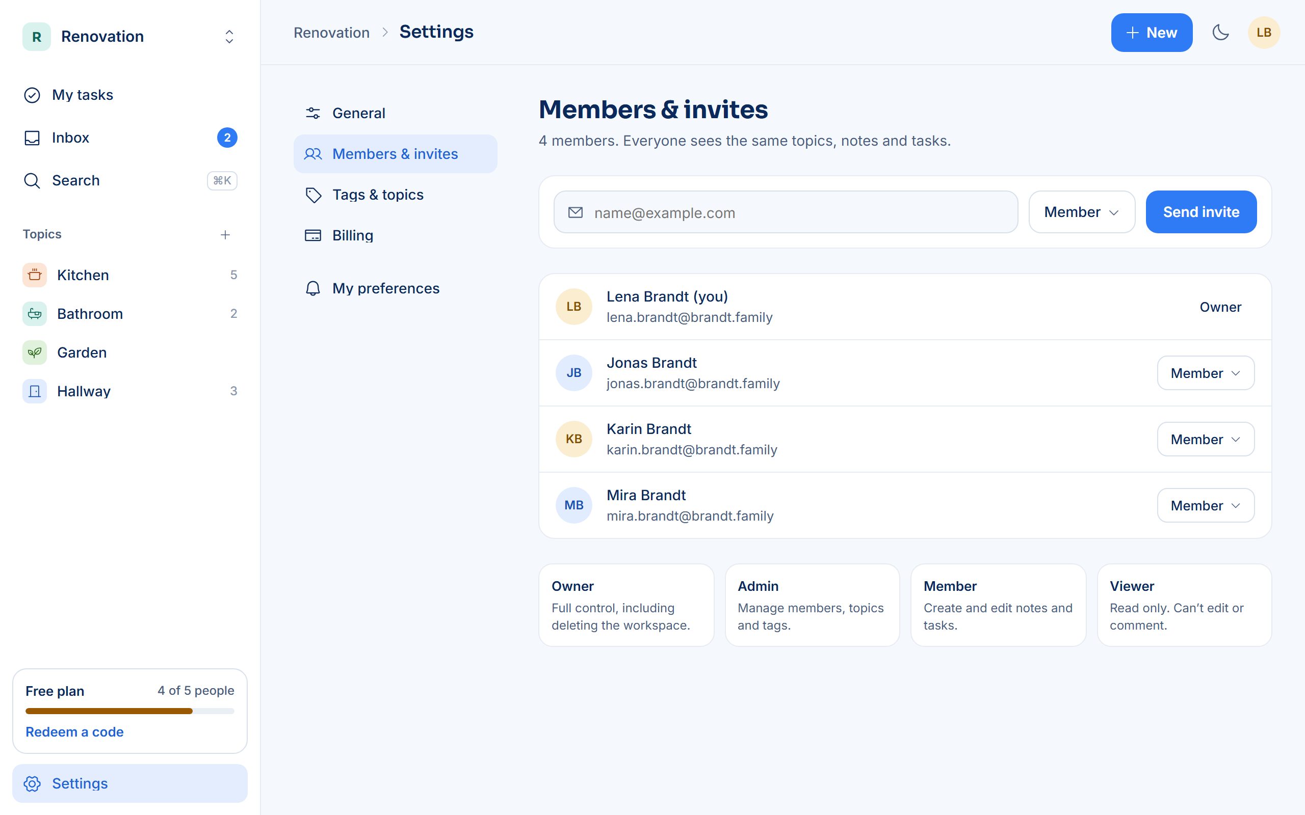 Members and invites settings with roles