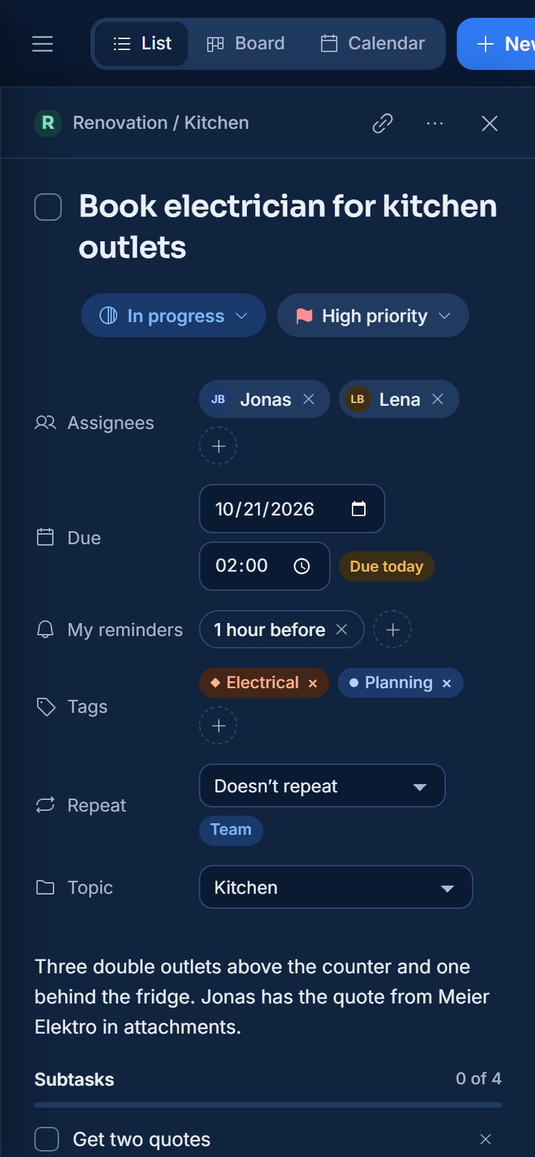 A task on a phone with assignees, due date and reminders