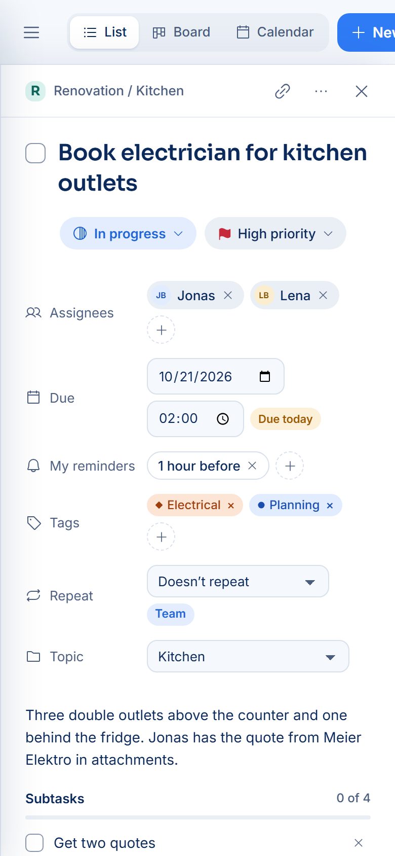 A task on a phone with assignees, due date and reminders